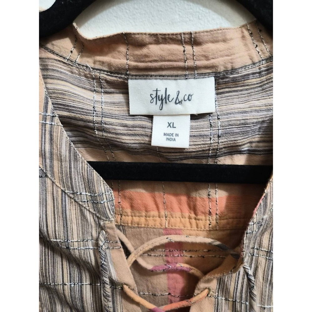 Style & Co Womens XL Pink Orange Plaid Lace Up Babydoll Ruffle Tank Top Boho - Picture 2 of 3